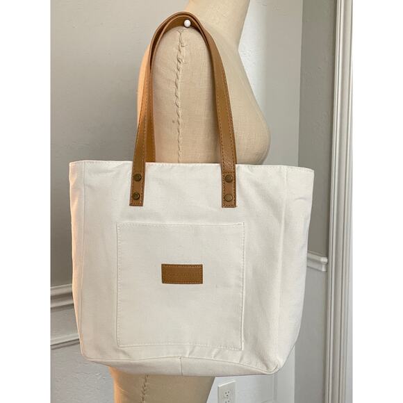 COZY EARTH White Tan Canvas Material Zipper Top Tote Bag - Picture 1 of 6